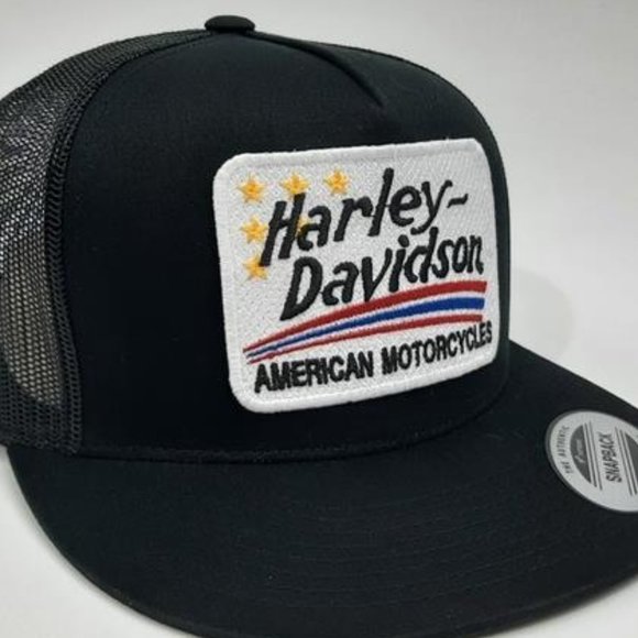 Vintage Harley Embroidered Patch Flat Bill Trucker Snapback Hat Cap HD Bobber